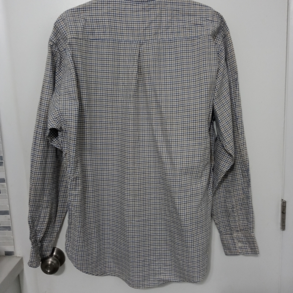 Yves Saint Laurent YSL Men's button down beige Navy blue Checked Shirt 16.5 - Picture 8 of 8
